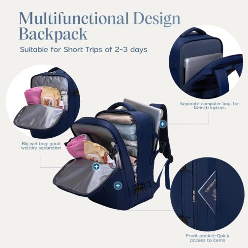Xkdoai Hand Luggage 40 x 20 x 25 cm for Ryanair Aeroplane Travel Backpack with Luggage Organiser 3 Sets Small Travel Bag Carry On Luggage Unisex Travel Bag Backpack Travel Bag, blue, 40 x 20 x 25 – Bild 7