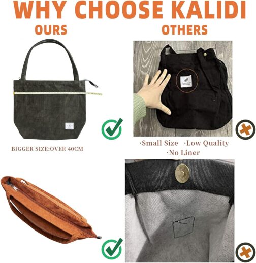 KALIDI Corduroy Bag, Women's Shoulder Bag with Zip, Large Shopper Bag, Tote Bag, Handbag, Shoulder Bags for Work, Office, Travel, Shopping, School and Everyday Use – Bild 3