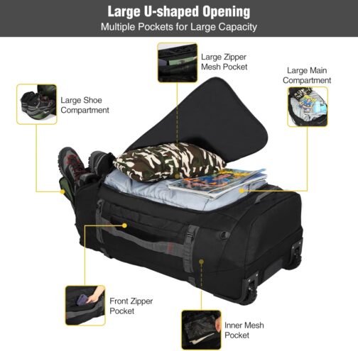REDCAMP Foldable Duffle Bag with Wheels, Waterproof Extra Large Travel Duffle Bag Luggage with Wheels for Travel, Dark black-120l, With wheels – Bild 5