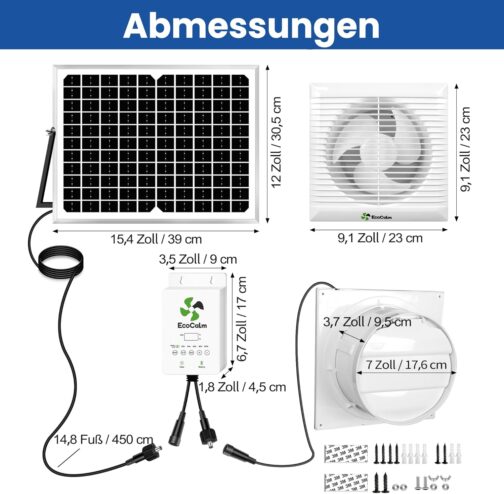 EcoCalm Outdoor Solar Fan with Solar Power Bank, Waterproof Solar Fan with Solar Panel 12 V and Cable 4.5 m, Greenhouse Accessories for Garden Shed, Chicken Coop, Camping (200 mm) – Bild 7