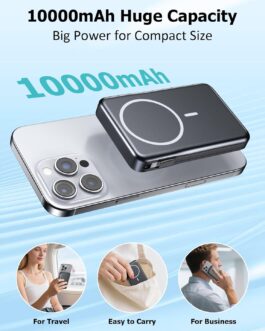 Power Bank for Magsafe, Magnetic Power Bank 10000 mAh, Quick Charge Wireless PD 20 W Power Bank with Integrated Cables, Magnetic Power Bank for iPhone 16 15 14 13 12 Pro Max – Black