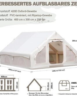 Inflatable Camping Tent with Pump, Glamping Inflatable Tent for Camping, 4 Seasons Waterproof & Windproof Oxford Cabin Tent with Mesh Window & Doors for 2-4 People