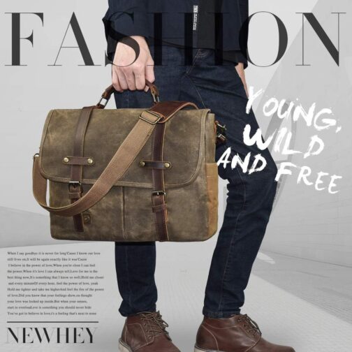 NEWHEY Men's Shoulder Bag Briefcase Laptop Bag Waterproof Canvas Large Work Bag Messenger Bag Men Women Vintage 15.6 Fabric Leather Travel Sports Khaki – Bild 6