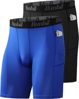 Runhit 1 or 2 Pack Men’s Compression Shorts – Base Layer Quick-Drying Football Underpants Running Trousers Breathable Cycling Shorts Men Compression Trousers Tights Short with Mobile Phone Pocket