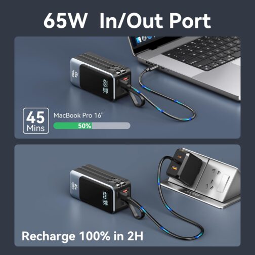 Selore&S-Global Power Bank, 65 W Powerbank USB C, External Mobile Phone Batteries, Quick Charge Function with Cable, Battery Pack 4 Ports for Laptop, MacBook Pro, Surface Go, iPad, iPhone 16, 15, 14 – Bild 2