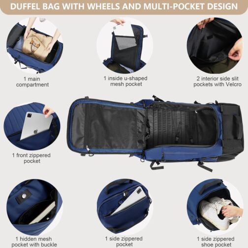 CONTAIL 86L Foldable Travel Backpack with Padded, Quilted Base, Waterproof, Foldable Travel Backpack with Extended Carry Handles, navy, travel bag – Bild 6