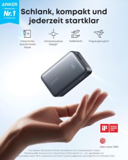 Anker Nano Power Bank, 10,000 mAh External Battery with 70 cm Anker InstaCord Retractable Cable, 45 W Max Compact Battery, Smart Display, for iPhone 16, iPad, Galaxy, Pixel and More