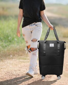 Travel Bag with Wheels, Large, Foldable Travel Bag with Large Capacity, Waterproof Expandable Sports Bag, Hand Luggage Bag with Trolley Sleeves, for Weekender, Sports, Gym, Holiday Travel Bag, black,