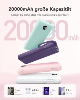 VRURC Powerbank 22.5 W Fast Charging, 20000 mAh Power Bank with Cable, Portable Charger, USB C LED Display, External Mobile Phone Batteries, Smartphone, Compatible with iPhone, Huawei, Samsung, etc. –