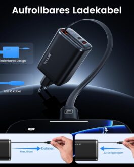 toocki USB C Charger, 3-Port GaN Multiple Charger with Quick Retractable Charging Cable, 67 W USB C Power Supply with LED Display for MacBook, iPhone 16 Pro Max, Galaxy S24 Ultra/S23, Switch, Laptop