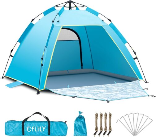 Cflity Beach Shelter, 1-3 Person Automatic Instant Pop Up Beach Tent, UV Protection 50+ Sun Protection, Large Portable Extra Light Pop Up Tent with Double Door for Garden, Fishing, Picnic