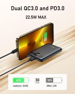 VEEKTOMX Powerbank Mini Power Bank 10000 mAh Power Bank PD 22.5 W Fast Charging Power Bank USB C Compatible with iPhone/iPad/Samsung Galaxy/Huawei/Xiaomi/OnePlus etc. (Black)