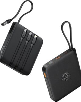 VRURC Power Bank 20000 mAh with Cable Small USB C Power Bank Fast Charging Mini Portable Charger External Battery Small and Lightweight with 4 Outputs 3 Input LED Display for iPhone Huawei Samsung etc