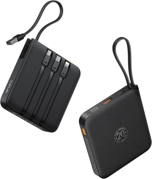 VRURC Power Bank 20000 mAh with Cable Small USB C Power Bank Fast Charging Mini Portable Charger External Battery Small and Lightweight with 4 Outputs 3 Input LED Display for iPhone Huawei Samsung etc
