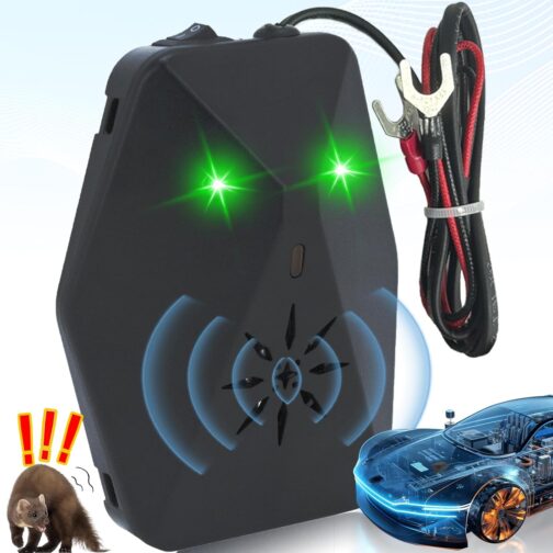 Warmfay Marten deterrent car, 2 modes with multi-frequency ultrasound and flash light, efficient long-term marten defense, 12 V car battery connection, automatic marten repellent device for engine