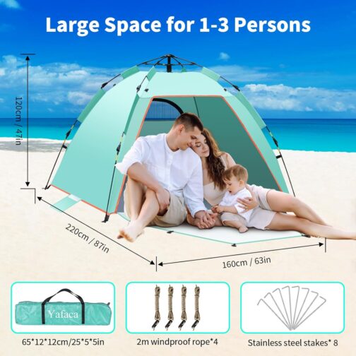 Yafaca Beach Shelter, 1-3 Person Automatic Pop Up Tent, Large UV Protection 50+ Sun Protection, Portable, Two Doors, Lightweight Pop Up Beach Tent for Garden, Fishing, Picnic – Bild 6
