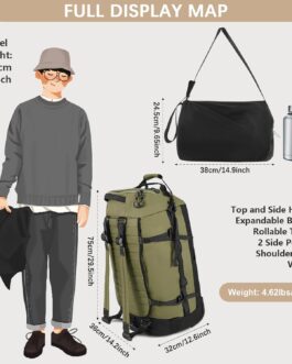 Vomgomfom 29 Inch 86L Wheeled Travel Bag, Foldable Large Backpack with 2 Inline Wheels, Army Green