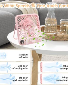 Kqpoinw USB Fan, Mini Portable Table Fan, Very Quiet, Desk Fan, 2000 mAh, Rechargeable Battery Operated Fan, 5 Speeds, for Bedroom, Office, Library, Travel (Pink)