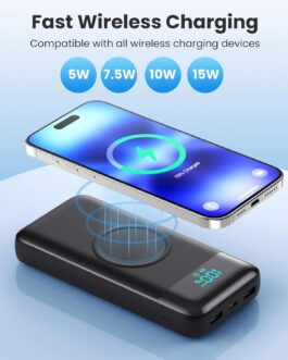 Ekrist Wireless Power Bank 26800mAh mit 3 Kabel, 7 in 1 25W PD3.0+QC4.0 Schnellladen USB C Powerbank, 6 Ausgängen Externe Handyakkus mit LCD Display Kompatibel mit iPhone 16/15/14 Huawei Samsung