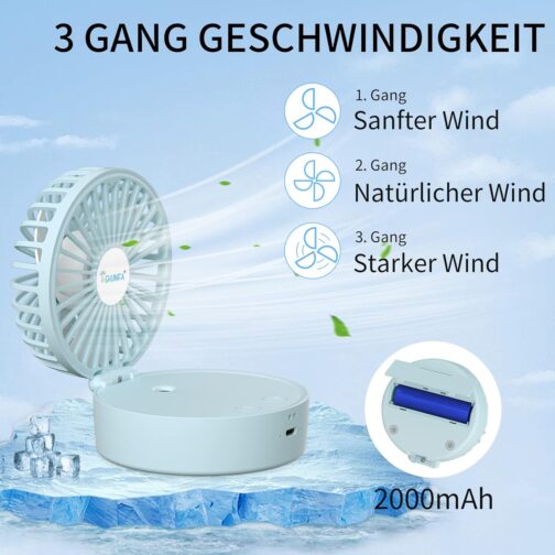 Handheld Fan, Portable Mini Fan with Cool Mist and Rechargeable Battery, Foldable Small Pocket Fan, 7 Colours Night Lights, USB Fan 3 Speeds for Travel, Office (Blue) – Bild 2