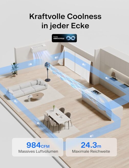 Pelonis Tower Fan with Remote Control, 20dB Quiet Floor Fan, 9 Levels & 9H Timer, Height Adjustable, 135° and 100° Oscillation, Energy Saving for Bedroom, Living Room – Bild 3