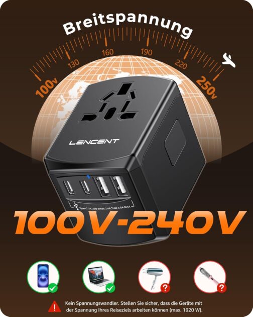 LENCENT Travel Adapter Worldwide, Universal Travel Plug World Travel Adapter with 2 USB A and 2 USB C, International Socket Adapter for Japan Thailand USA England Australia (Type A/B/G/I/D/I/L/M/N) – Bild 9