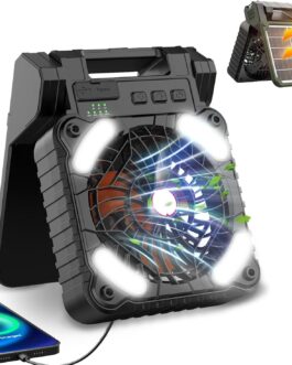Solar Camping Fan with LED Lamp, Portable USB Table Fan, 8000 mAh Battery, Rechargeable, Foldable Solar Fan with 4 Speeds and 3 Timers for Power Outage, Travel, Fishing, Office