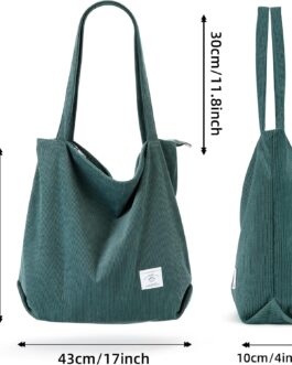 KALIDI Corduroy Bag, Women’s Shoulder Bag with Zip, Large Shopper Bag, Tote Bag, Handbag, Shoulder Bags for Work, Office, Travel, Shopping, School and Everyday Use