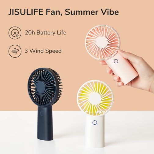 JISULIFE Handheld Fan [20 Hours Long Working Time] 4000 mAh Portable Fan, USB Rechargeable Small Pocket Fan, Battery Operated with 3 Speeds for Travel/Makeup/Eyelashes, White – Bild 2
