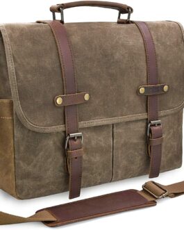 NEWHEY Men’s Shoulder Bag Briefcase Laptop Bag Waterproof Canvas Large Work Bag Messenger Bag Men Women Vintage 15.6 Fabric Leather Travel Sports Khaki