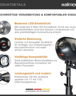 Walimex pro Newcomer 100 II Studio Flash, LED Studio Light with Radio, Studio Lamp with High Light Output, Studio Flash with Overheating Protection, Ideal for Photo Studio