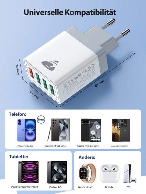 USB Charger, 4-Port 33W Fast Charger, USB Power Supply with QC 3.0 Multiple USB Plug Power Adapter for iPhone 16 15 14 13 12 11 Pro Max, Samsung, Huawei, Xiaomi, Mobile Phones Fast Charger Charging – Bild 6