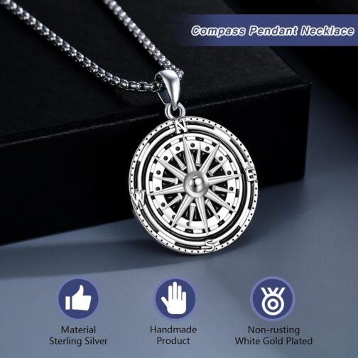YueYuan Compass Necklace 925 Sterling Silver Compass Pendant Chain Necklace for Men Jewellery Gift for Men Women – Bild 6
