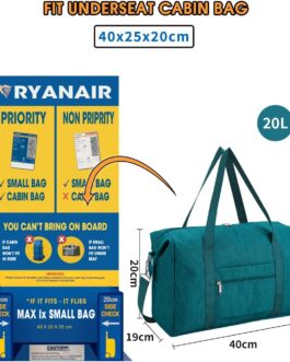 Narwey Ryanair Hand Luggage 40 x 20 x 25 Small Travel Bag Hand Luggage Bag for Aeroplane Foldable Small Women’s Travel Bag Sports Bag Weekender 20 L, blue-green