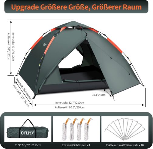 Cflity Camping Tent, 3 Person Instant Pop Up Tent, Waterproof, Three Layer Automatic Dome Tent, Large 4 Seasons Tent, Backpacking Tent with Rain-Fly 2 Expandable Porch for Camping – Bild 6