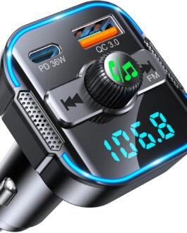 2-in-1 Bluetooth Adapter Car & Fast Car Charger (PD 36W & QC3.0 18W) – Latest FM Transmitter Cigarette Lighter with Dual Microphone, Supports Siri Assistant & Hands-Free Kit