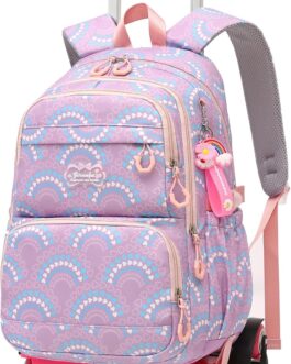 Amythe Children’s Backpack with Wheels for Girls from 8 Years, 16 Inch School Backpack for Girls of Grades 2-7, Casual Backpack Daypack with Trolley for School/Travel, 6 Wheels