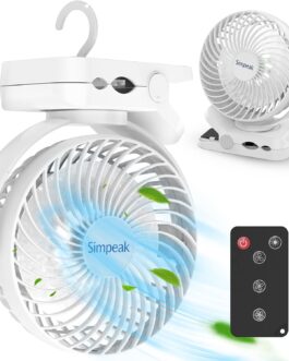 Simpeak 8000 mAh Camping Fan Table Fan, Mini USB Fan Quiet, Clip Fan with Remote Control and LED Light [3 Speeds] [720° Rotation] – White
