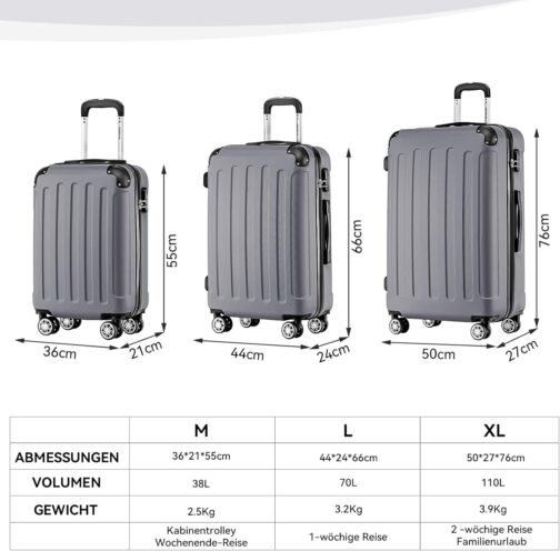BEIBYE Twin Wheels Hard Case Travel Suitcase Trolleys Hard Shell in XL-L-M in 20 Colours, Business Grey – Bild 6