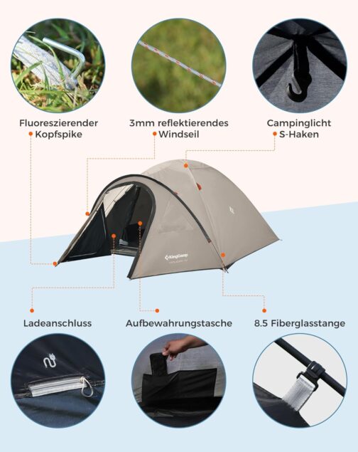 KingCamp Camping Zelt für 4 Personen Geräumig Trekkingzelt PU3000mm Wasserdichtes Kuppelzelt 4 Jahreszeiten Ultraleicht Zelte für Camping, Trekking und Outdoor-Aktivitäten – Bild 9