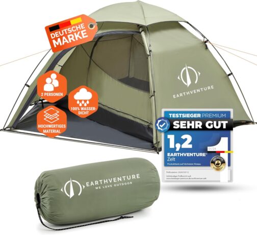 EARTHVENTURE® Camping Tent for 2 People - Waterproof, Quick & Easy Assembly - Ultralight with Small Pack Size - For Outdoor, Festival, Trekking & Motorcycle