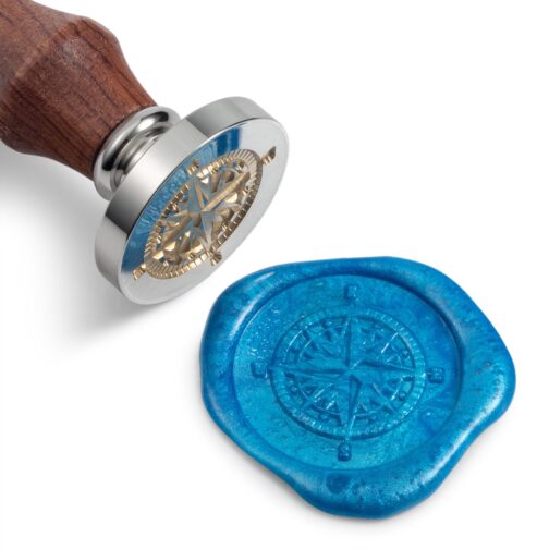 Mceal Wax Seal Stamp, Silver Brass Head with Wooden Handle (Compass)