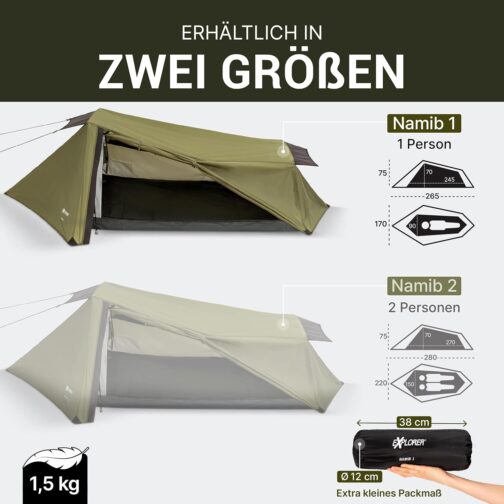EXPLORER Namib 1 & 2 Person Tent Small Pack Size Ultralight for Bicycle or Motorcycle Travel 1-2 People 3000 mm Hydrostatic Head with Separate Inner Tent Hiking Trekking Camping – Bild 4