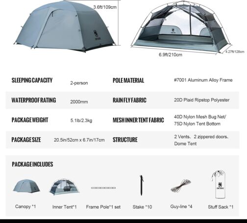OneTigris COSMITTO 2 Person Backpack Tent - Freestanding Lightweight Waterproof 3 Season Camping Tent for Outdoor Hiking Mountaineering – Bild 3