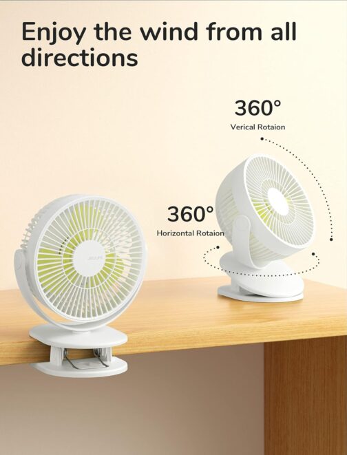JISULIFE Mini USB Fan, Clip Battery Table Fan, Very Quiet, Small with 4000 mAh Battery, 4 Speed Levels, Max 14 Hours for Bed, Desk, Crib, Pram, Car Seat - White – Bild 7