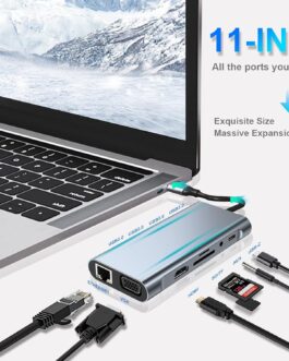 USB C HUB, Docking Station, 11-in-1 USB C Adapter with 4K HDMI, VGA, USB 3.0 Port, Type C PD, Ethernet RJ45 Port, SD/TF Card Readers, 3.5 mm AUX, Compatible with MacBook Pro/Air, More Type C Devices