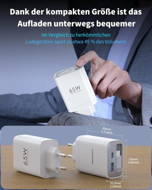 Retractable 65W Wall Charger with Cables, 3-Port USB Charging Block, 65W Quick Charge Charger for iPhone 16/15/14/13/12/11 Series, for iPad, Tablet, Galaxy and More, White – Bild 5