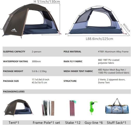 Three Bears 2-Person Tent - Waterproof & Windproof, Lightweight Trekking Tent with Aluminium Poles & Waterproof Polyester, Ideal for Camping, Hiking, Mountaineering & Travel - Quick Assembly – Bild 4