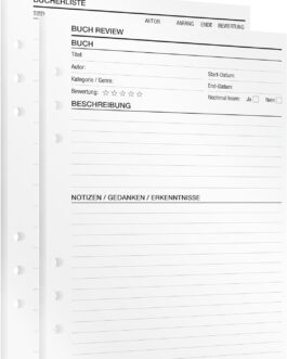 KOMPASS® Reading Notes, DIN A5 Inserts for Ring Binder Planner, 16 Inserts for Book Lists and Detailed Book Reviews, Journaling, Refill Inserts DIN A5 Format (14.5 cm x 21 cm)