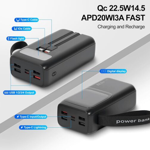 Outdoor Camping Power Bank 60000 mAh Power Bank with Large Capacity 22.5 W/PD20 W with Built-in Cable External Mobile Phone Batteries with Quick Charge Function for Smartphones, Tablets etc. (Black) – Bild 2